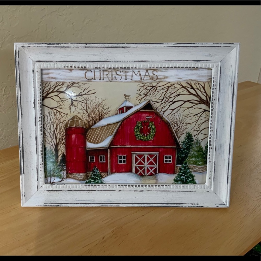 Farmhouse Christmas red barn picture 5x7 w/frame